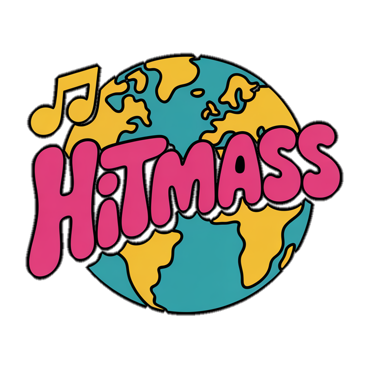 Hitmass logo: bubble letters over a retro globe with a music note